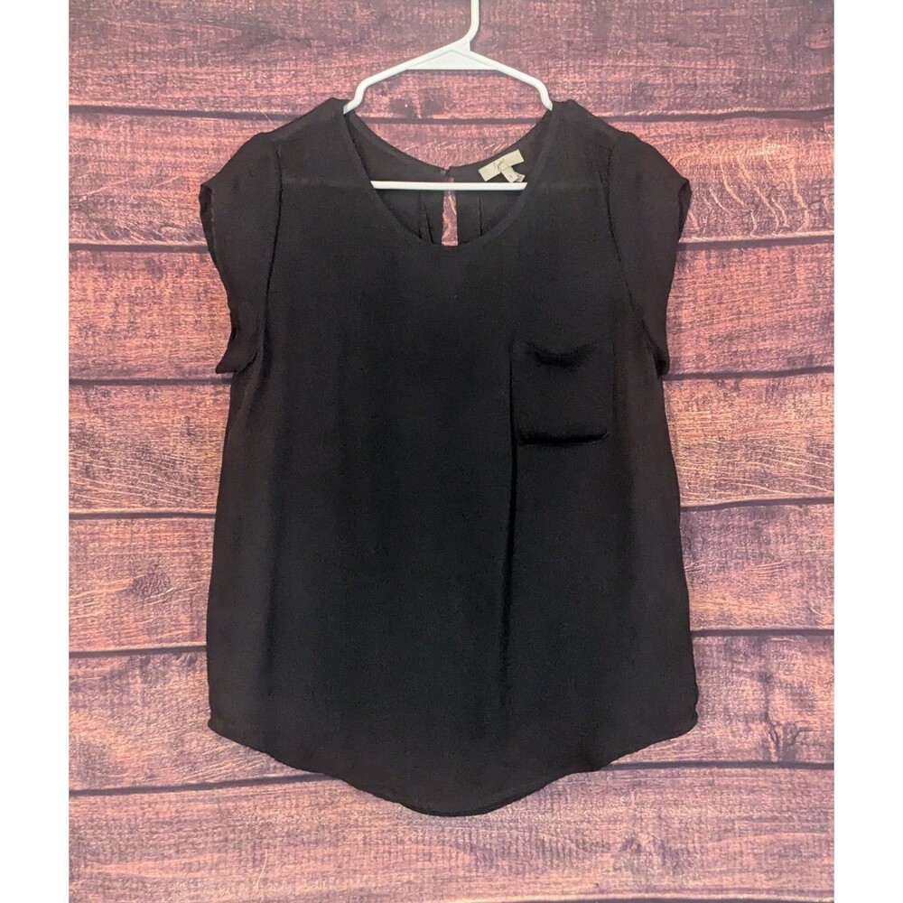 Joie Womens Small Black 100% Silk Short Sleeve Semi Sheer Pocket Blouse